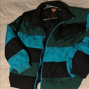 Colorblock Puffer Jacket - Teal and Black